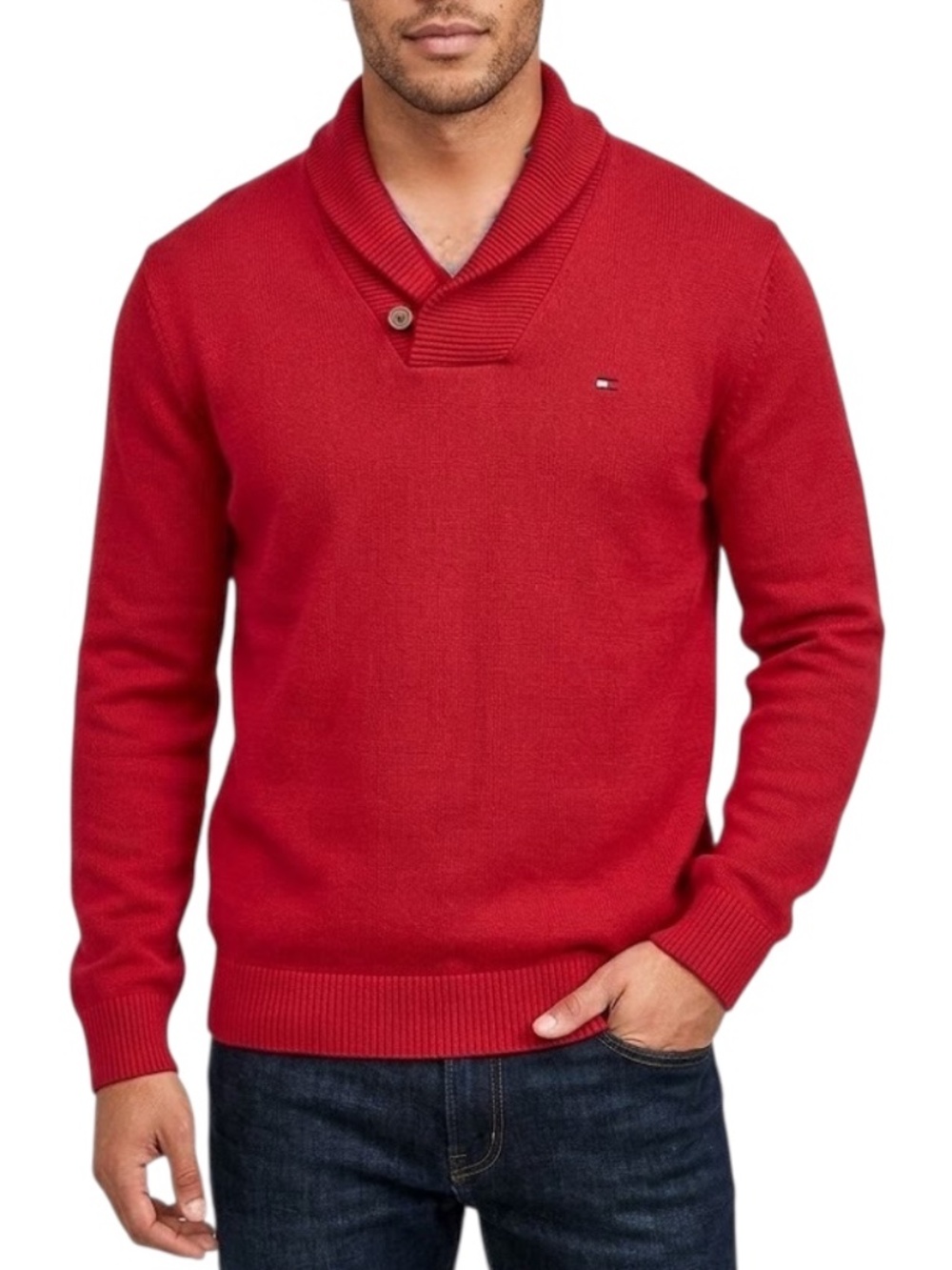 Tommy Hilfiger Men’s XXL Red Shawl Collar Pullover Sweater Classic Logo